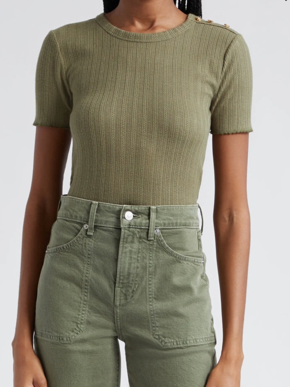 Veronica Beard Draya Open-Stitch Knit Shirt Army Green Small